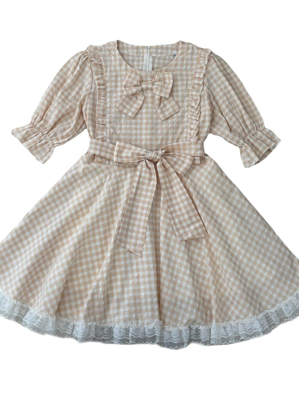 Cream plaid bow bubble sleeves mini dress